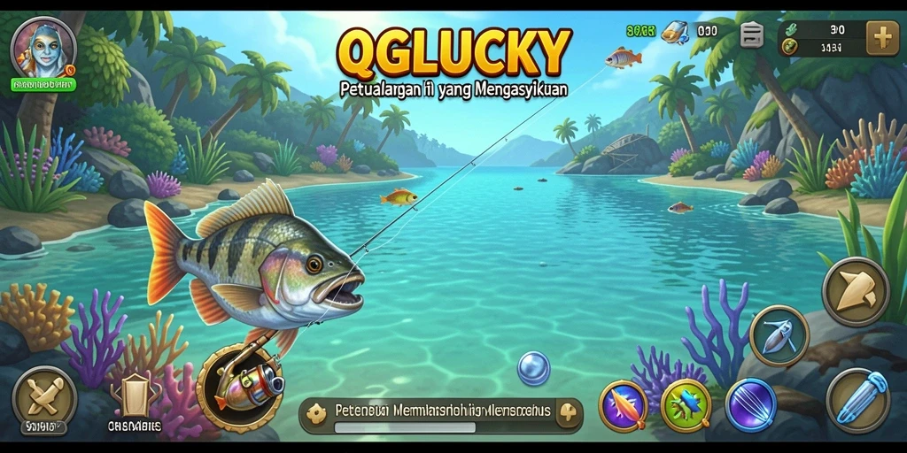 Screenshot utama QGLUCKY menampilkan aksi memancing yang menegangkan.