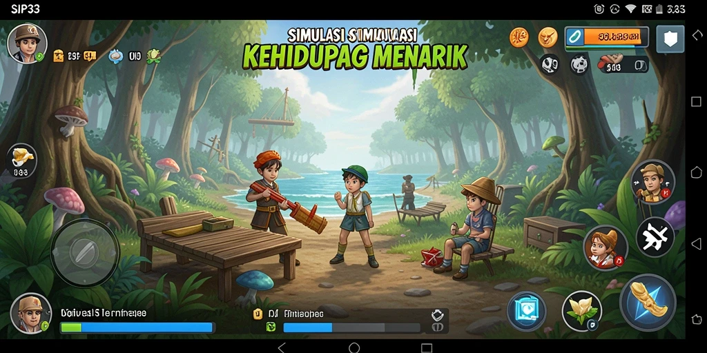 Tampilan gameplay SIP33 dengan karakter yang berinteraksi dalam simulasi kehidupan yang dinamis.